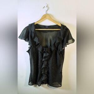 Chaps Black Polka Dot Ruffle Blouse, Sz XL